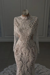 Elegant White Mermaid Lace Beaded High-Neck Long Sleeves Chapel Train Wedding Dresses